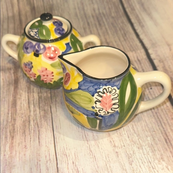 Favo Other - FAVANOL Hand Painted in Portugal Floral Ceramic Serving Bowl & Cream & Sugar Set